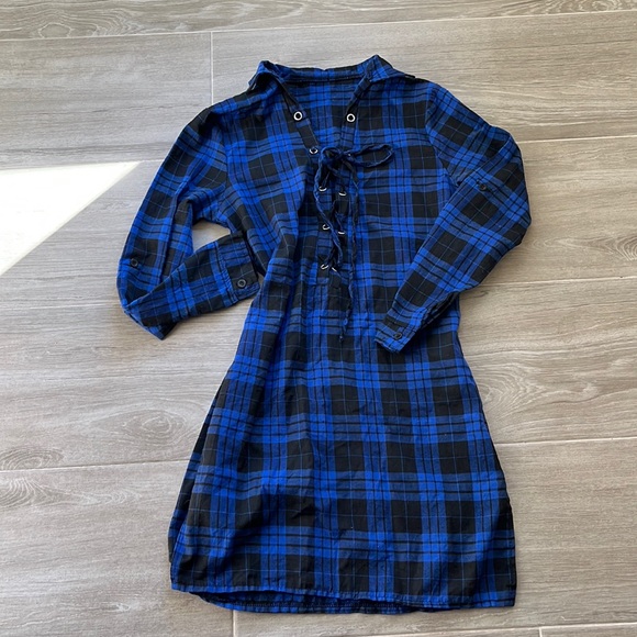 Tie-down Blue Checked Mini Dress - Picture 1 of 2